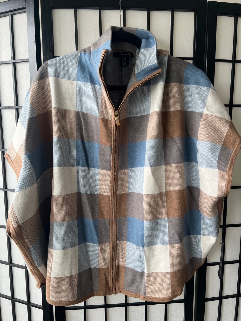Tahari Blue, Brown & Cream Plaid Zip Poncho